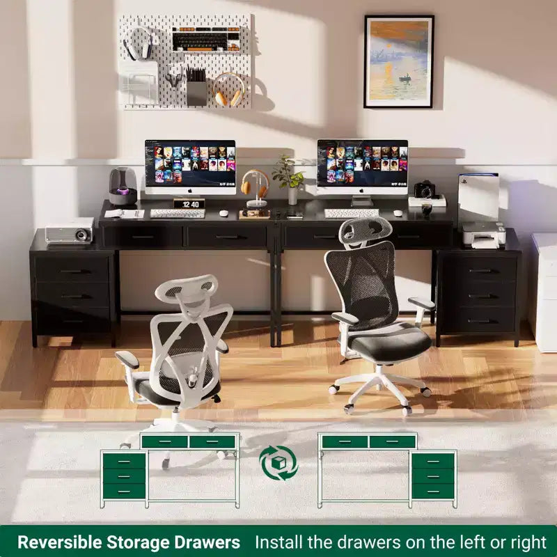 Besiost Corner Home Office Desk with File Drawers, Computer Desk with Charging Station