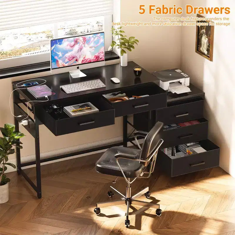 Besiost Corner Home Office Desk with File Drawers, Computer Desk with Charging Station