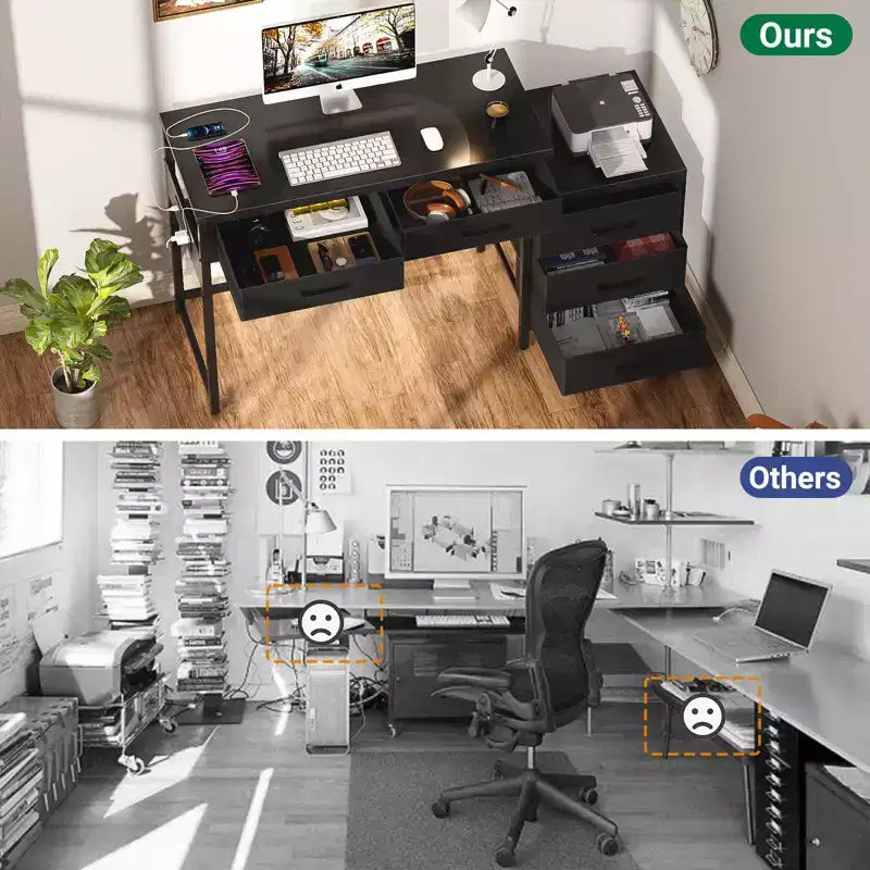 Besiost Corner Home Office Desk with File Drawers, Computer Desk with Charging Station