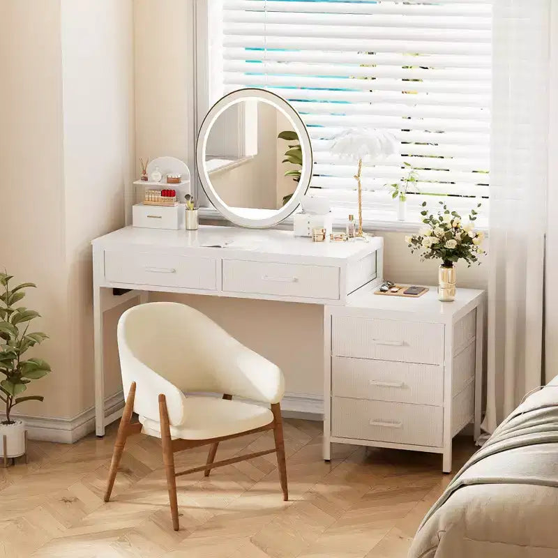 Besiost Corner Home Office Desk with File Drawers, Computer Desk with Charging Station