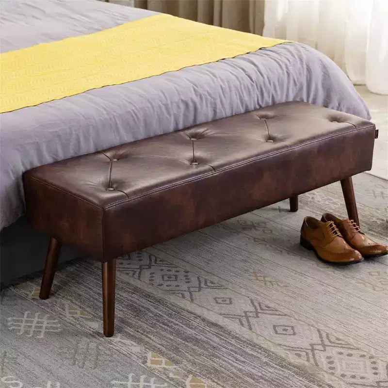 Panca Pouf da Camera da Letto Furniliving 44 Pollici, Rivestita in Ecopelle con Gambe in Legno per Soggiorno/Camera da Letto/Ingresso