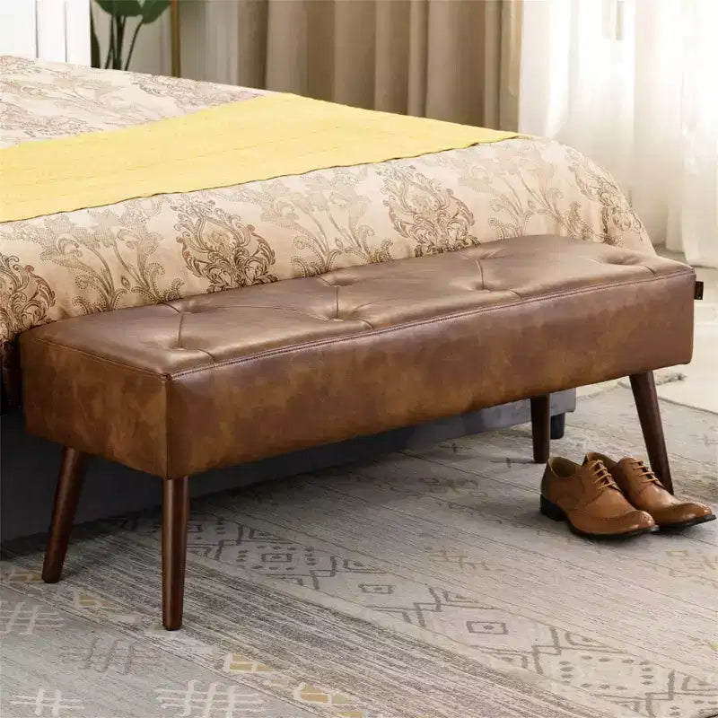Panca Pouf da Camera da Letto Furniliving 44 Pollici, Rivestita in Ecopelle con Gambe in Legno per Soggiorno/Camera da Letto/Ingresso