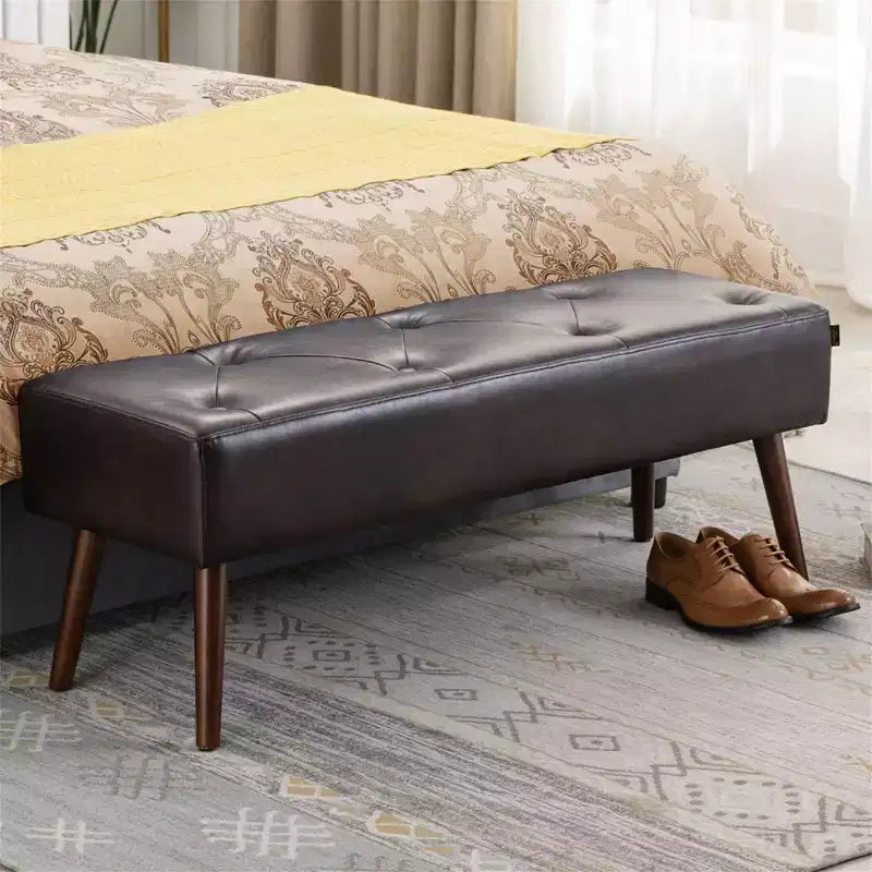 Panca Pouf da Camera da Letto Furniliving 44 Pollici, Rivestita in Ecopelle con Gambe in Legno per Soggiorno/Camera da Letto/Ingresso
