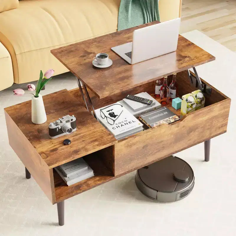 Okak Tavolino da caffè moderno e funzionale con ripiano sollevabile, contenitore nascosto e ripiano aperto, tavolino centrale in stile industriale per soggiorno, ufficio