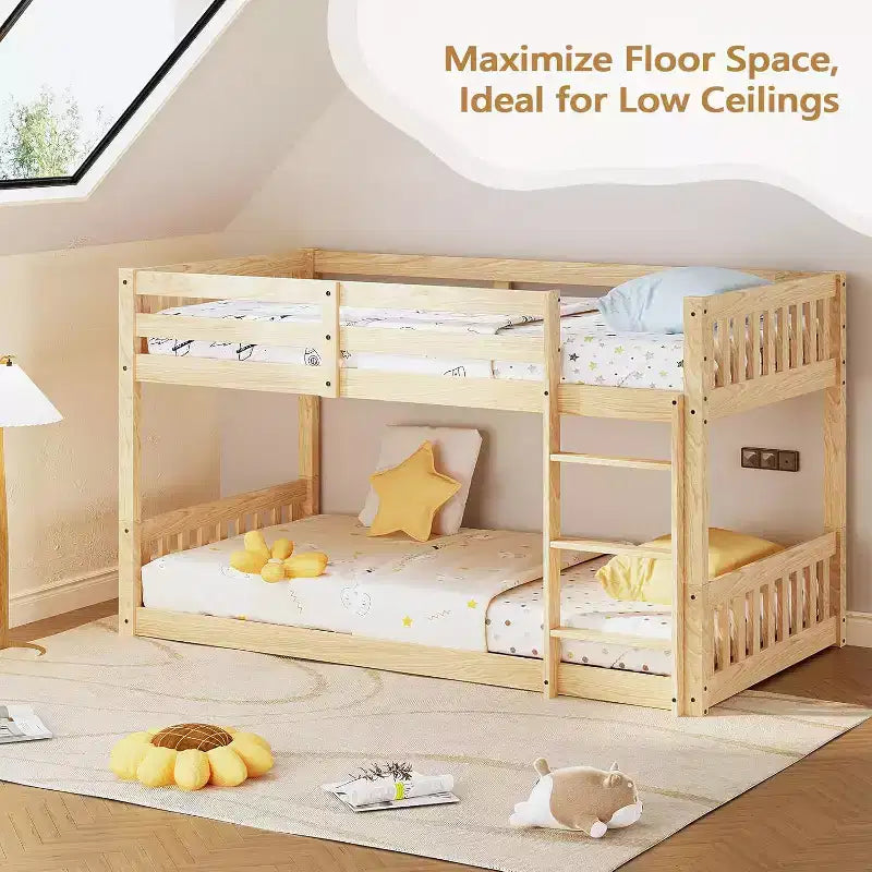 JOYMOR Low Twin Over Twin Bunk Bed for Kids/Junior, Wood Twin Bunk Bed Frame with Guardrails & Ladder for Boys Girls, Mattress Not Included