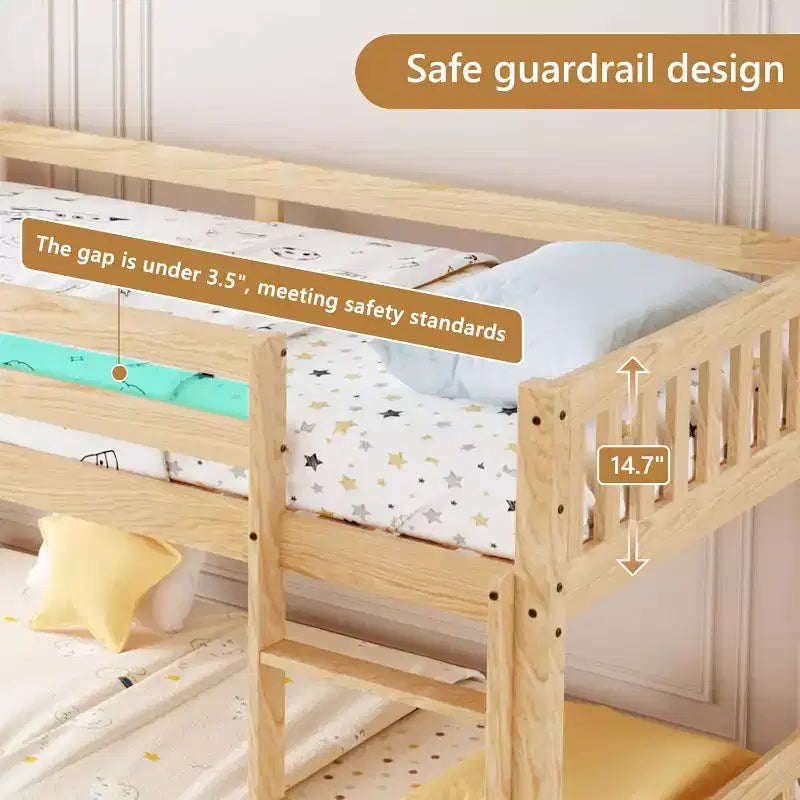 JOYMOR Low Twin Over Twin Bunk Bed for Kids/Junior, Wood Twin Bunk Bed Frame with Guardrails & Ladder for Boys Girls, Mattress Not Included