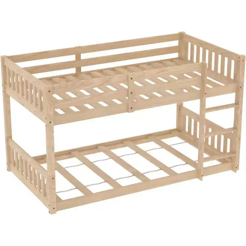 JOYMOR Low Twin Over Twin Bunk Bed for Kids/Junior, Wood Twin Bunk Bed Frame with Guardrails & Ladder for Boys Girls, Mattress Not Included