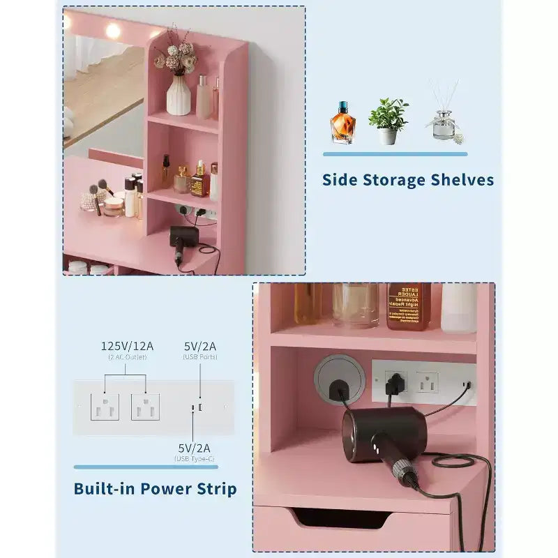 COZONY Vanity Desk with Mirror and LED Lights, Makeup Table with Drawers and Charging Station for Bedroom