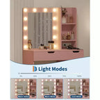 COZONY Vanity Desk with Mirror and LED Lights, Makeup Table with Drawers and Charging Station for Bedroom