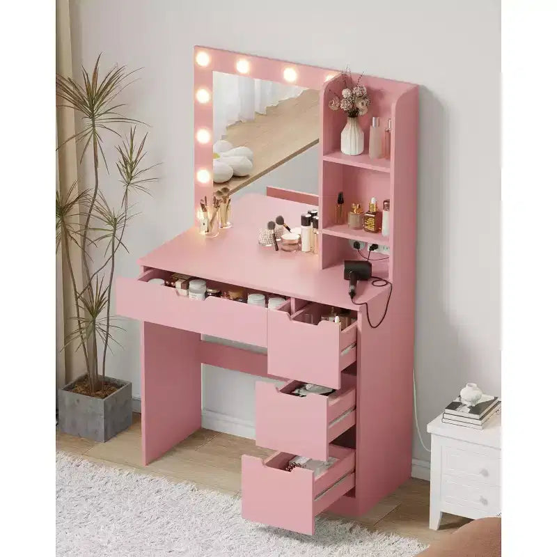 COZONY Vanity Desk with Mirror and LED Lights, Makeup Table with Drawers and Charging Station for Bedroom