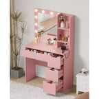 COZONY Vanity Desk with Mirror and LED Lights, Makeup Table with Drawers and Charging Station for Bedroom