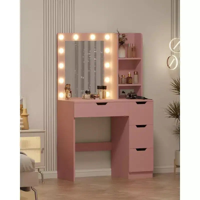 COZONY Vanity Desk with Mirror and LED Lights, Makeup Table with Drawers and Charging Station for Bedroom