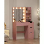 COZONY Vanity Desk with Mirror and LED Lights, Makeup Table with Drawers and Charging Station for Bedroom