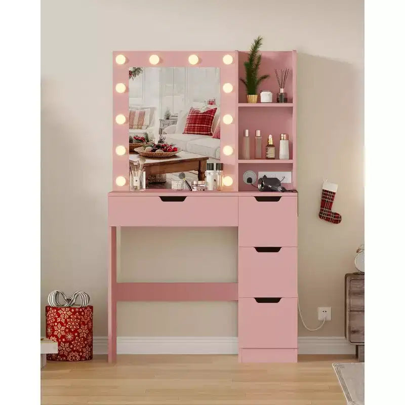 COZONY Vanity Desk with Mirror and LED Lights, Makeup Table with Drawers and Charging Station for Bedroom