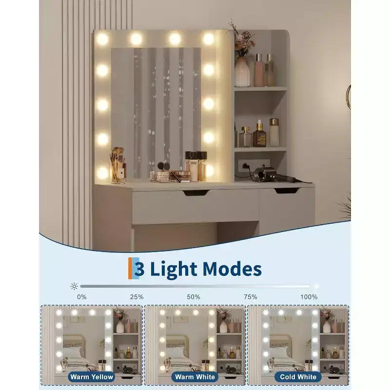 COZONY Vanity Desk with Mirror and LED Lights, Makeup Table with Drawers and Charging Station for Bedroom
