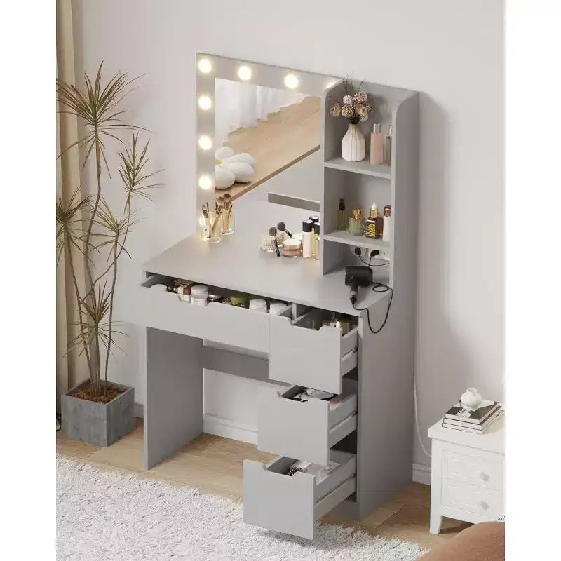 COZONY Vanity Desk with Mirror and LED Lights, Makeup Table with Drawers and Charging Station for Bedroom