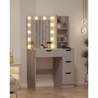 COZONY Vanity Desk with Mirror and LED Lights, Makeup Table with Drawers and Charging Station for Bedroom