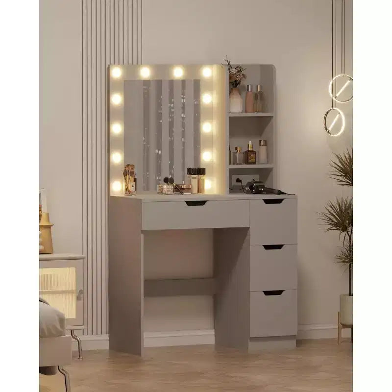 COZONY Vanity Desk with Mirror and LED Lights, Makeup Table with Drawers and Charging Station for Bedroom