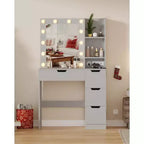 COZONY Vanity Desk with Mirror and LED Lights, Makeup Table with Drawers and Charging Station for Bedroom