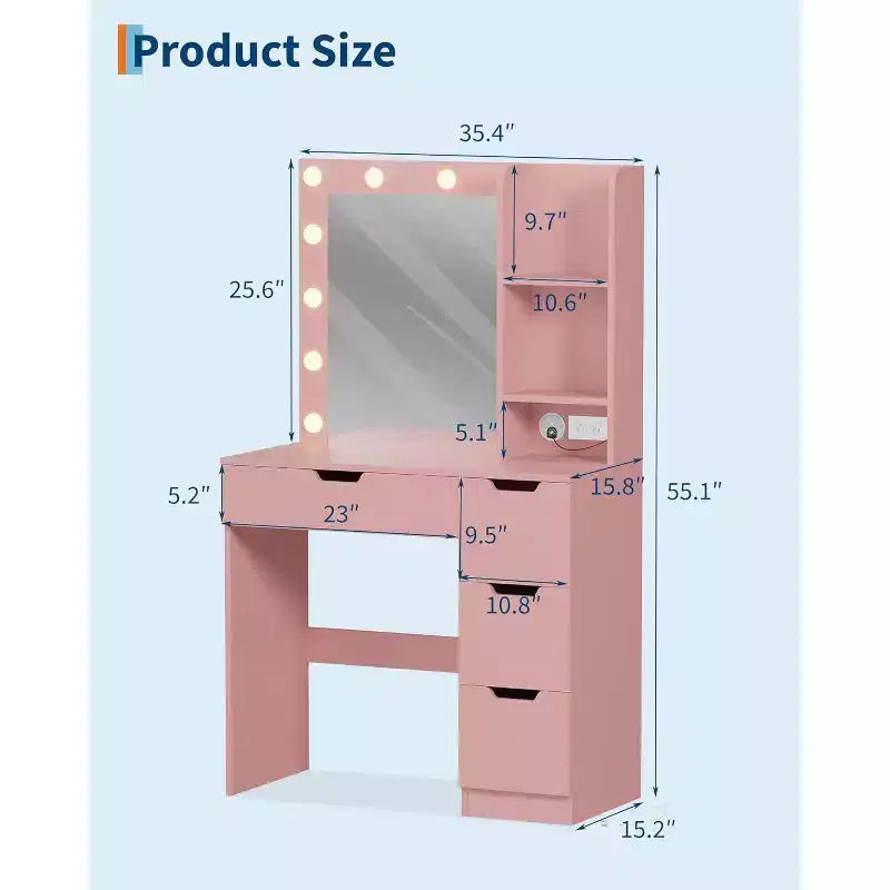 COZONY Vanity Desk with Mirror and LED Lights, Makeup Table with Drawers and Charging Station for Bedroom