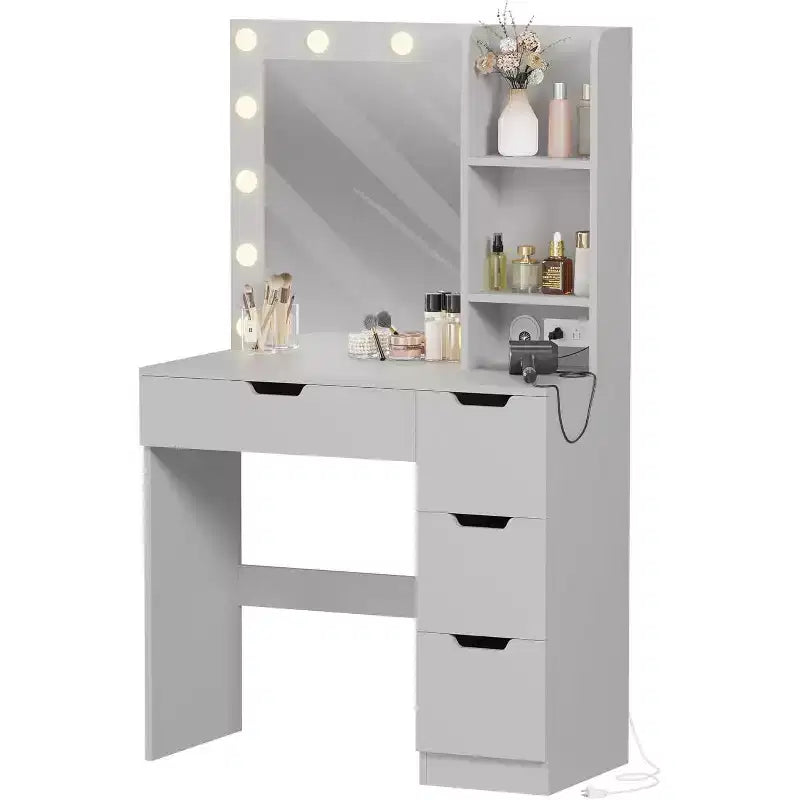 COZONY Vanity Desk with Mirror and LED Lights, Makeup Table with Drawers and Charging Station for Bedroom