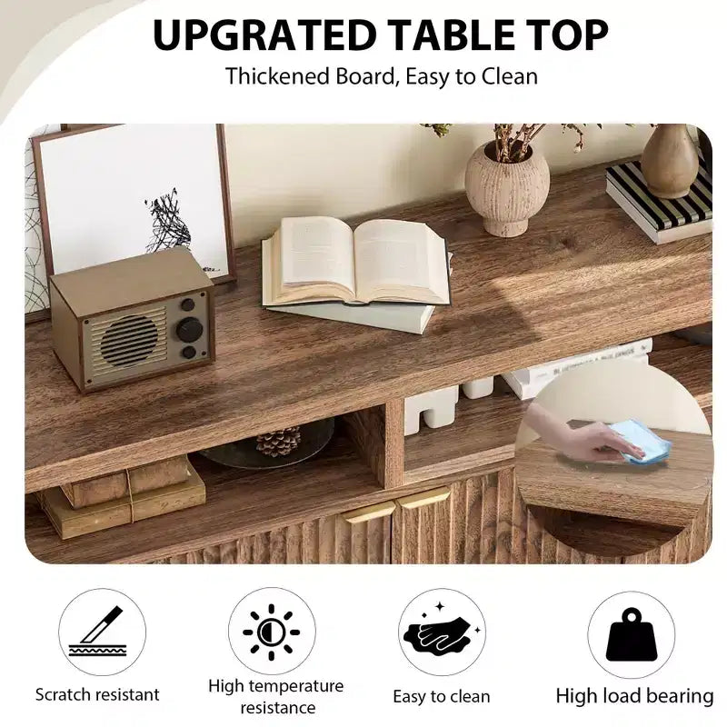 4 Door Recessed Sideboard, Large Kitchen Sideboard, Mid-Century Buffet Table Bar Coffee Bar Wooden Sideboard for Living Room Dining Room Entry