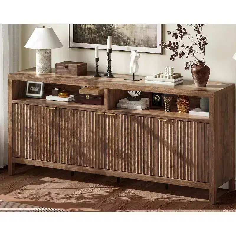 4 Door Recessed Sideboard, Large Kitchen Sideboard, Mid-Century Buffet Table Bar Coffee Bar Wooden Sideboard for Living Room Dining Room Entry