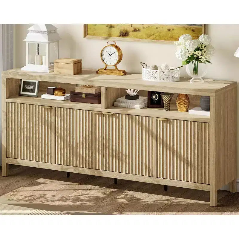 4 Door Recessed Sideboard, Large Kitchen Sideboard, Mid-Century Buffet Table Bar Coffee Bar Wooden Sideboard for Living Room Dining Room Entry