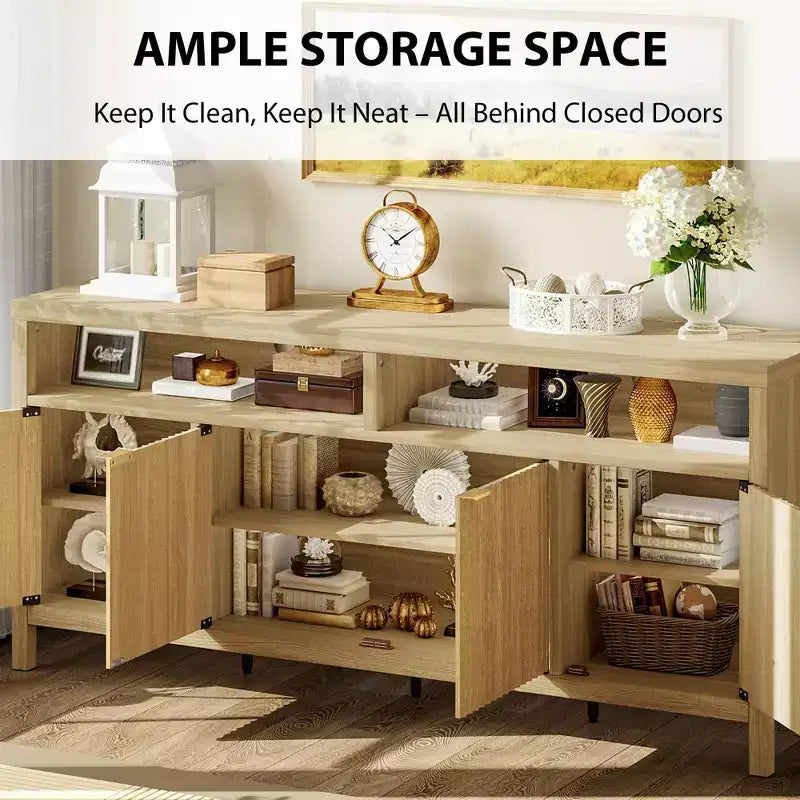 4 Door Recessed Sideboard, Large Kitchen Sideboard, Mid-Century Buffet Table Bar Coffee Bar Wooden Sideboard for Living Room Dining Room Entry