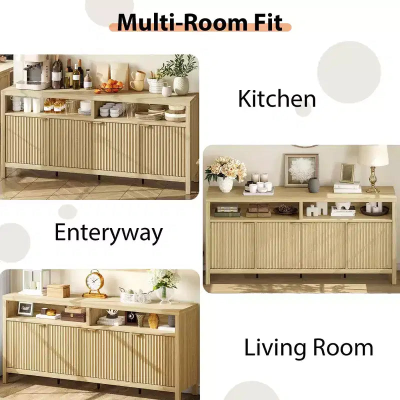 4 Door Recessed Sideboard, Large Kitchen Sideboard, Mid-Century Buffet Table Bar Coffee Bar Wooden Sideboard for Living Room Dining Room Entry