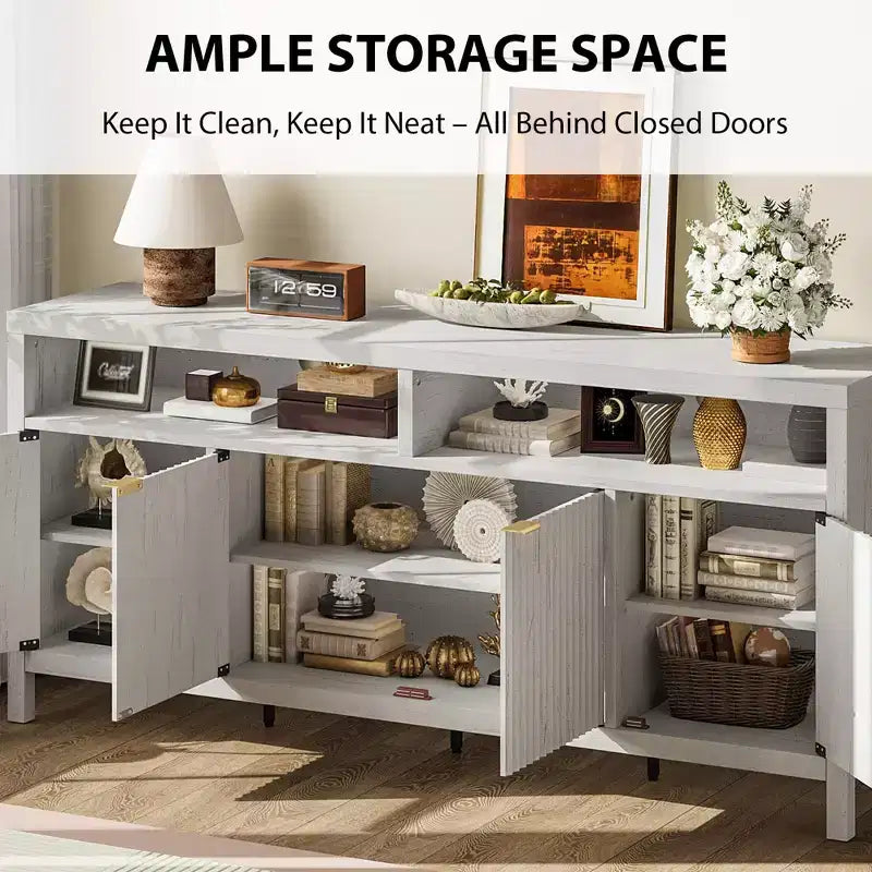 4 Door Recessed Sideboard, Large Kitchen Sideboard, Mid-Century Buffet Table Bar Coffee Bar Wooden Sideboard for Living Room Dining Room Entry
