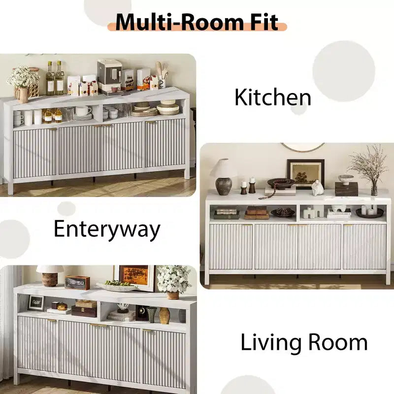 4 Door Recessed Sideboard, Large Kitchen Sideboard, Mid-Century Buffet Table Bar Coffee Bar Wooden Sideboard for Living Room Dining Room Entry