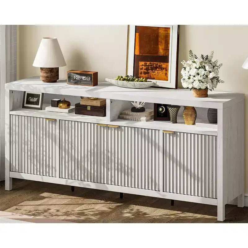 4 Door Recessed Sideboard, Large Kitchen Sideboard, Mid-Century Buffet Table Bar Coffee Bar Wooden Sideboard for Living Room Dining Room Entry
