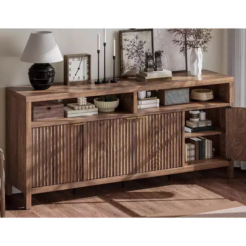 4 Door Recessed Sideboard, Large Kitchen Sideboard, Mid-Century Buffet Table Bar Coffee Bar Wooden Sideboard for Living Room Dining Room Entry