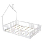 Letto a piattaforma a forma di casa in legno a una piazza e mezza con sponda di protezione, struttura del letto a terra in legno massiccio con testiera a forma di casa per bambini