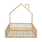 Letto a piattaforma a forma di casa in legno a una piazza e mezza con sponda di protezione, struttura del letto a terra in legno massiccio con testiera a forma di casa per bambini