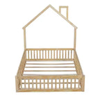 Letto a piattaforma a forma di casa in legno a una piazza e mezza con sponda di protezione, struttura del letto a terra in legno massiccio con testiera a forma di casa per bambini