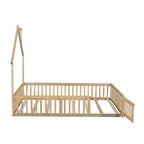 Letto a piattaforma a forma di casa in legno a una piazza e mezza con sponda di protezione, struttura del letto a terra in legno massiccio con testiera a forma di casa per bambini