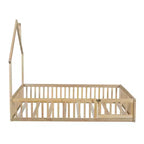 Letto a piattaforma a forma di casa in legno a una piazza e mezza con sponda di protezione, struttura del letto a terra in legno massiccio con testiera a forma di casa per bambini