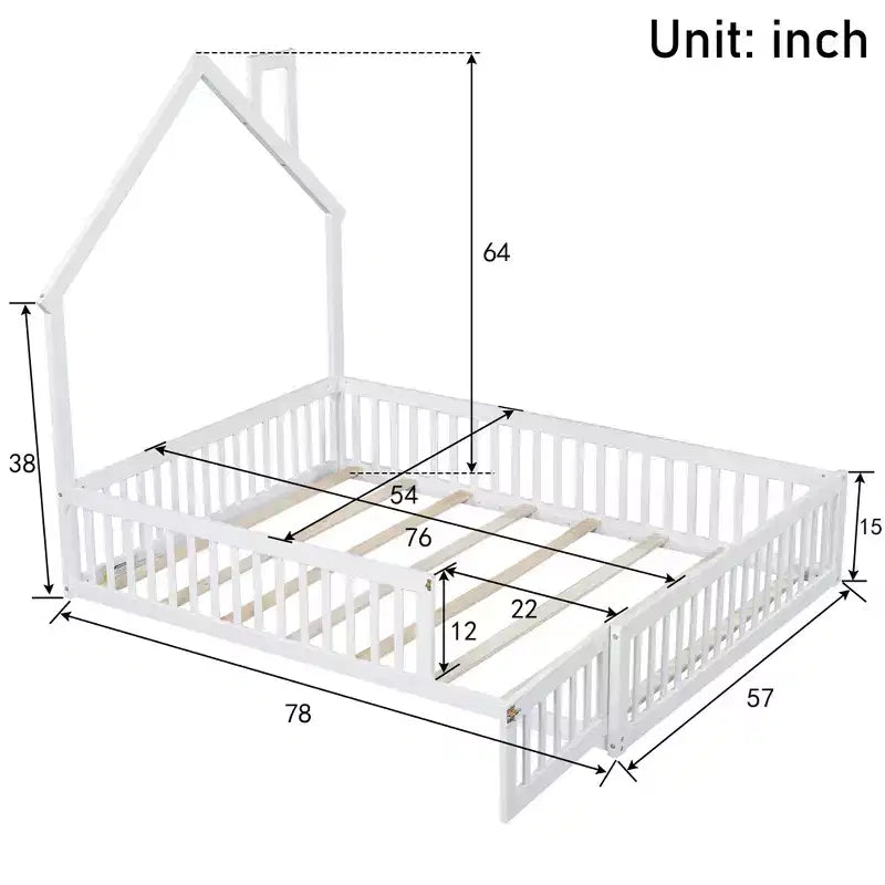 Letto a piattaforma a forma di casa in legno a una piazza e mezza con sponda di protezione, struttura del letto a terra in legno massiccio con testiera a forma di casa per bambini