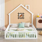 Letto a piattaforma a forma di casa in legno a una piazza e mezza con sponda di protezione, struttura del letto a terra in legno massiccio con testiera a forma di casa per bambini