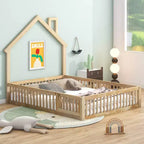 Letto a piattaforma a forma di casa in legno a una piazza e mezza con sponda di protezione, struttura del letto a terra in legno massiccio con testiera a forma di casa per bambini