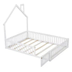 Letto a piattaforma a forma di casa in legno a una piazza e mezza con sponda di protezione, struttura del letto a terra in legno massiccio con testiera a forma di casa per bambini
