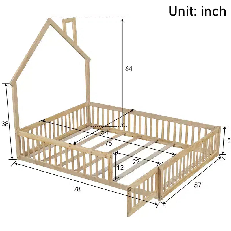 Letto a piattaforma a forma di casa in legno a una piazza e mezza con sponda di protezione, struttura del letto a terra in legno massiccio con testiera a forma di casa per bambini
