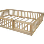 Letto a piattaforma a forma di casa in legno a una piazza e mezza con sponda di protezione, struttura del letto a terra in legno massiccio con testiera a forma di casa per bambini