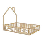 Letto a piattaforma a forma di casa in legno a una piazza e mezza con sponda di protezione, struttura del letto a terra in legno massiccio con testiera a forma di casa per bambini