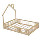 Letto a piattaforma a forma di casa in legno a una piazza e mezza con sponda di protezione, struttura del letto a terra in legno massiccio con testiera a forma di casa per bambini