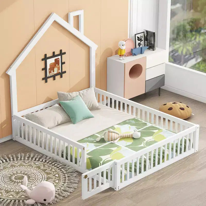 Wood Full Size House Platform Bed with Guardrail, Solid Wood Floor Bed Frame with House-Shaped Headboard for Kids