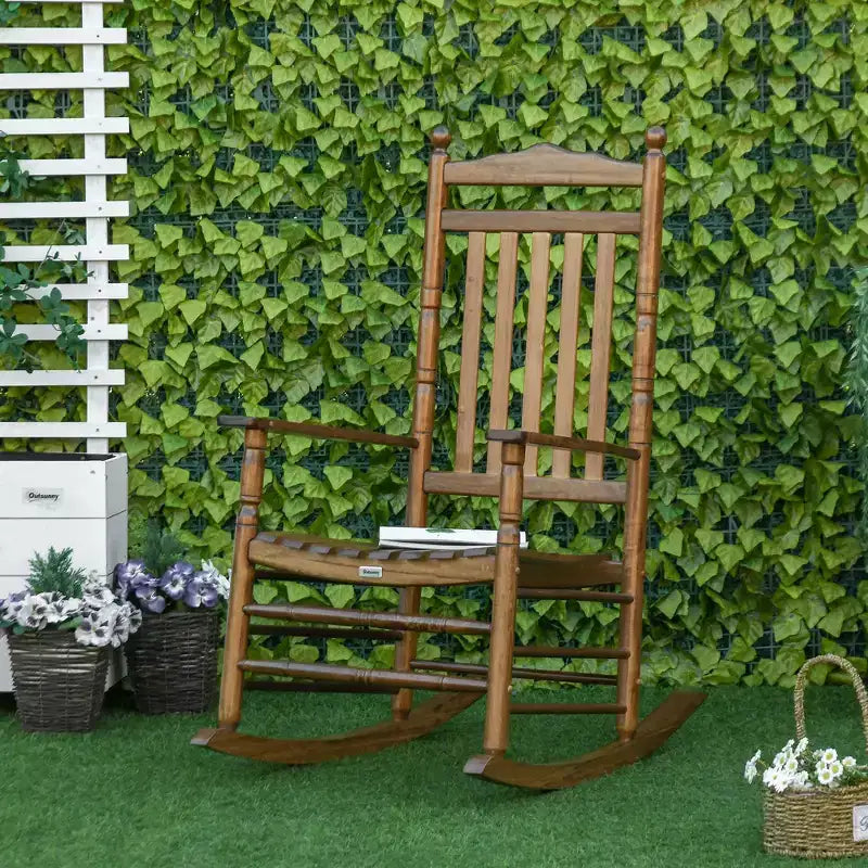 Traditional Wooden High-Back Rocking Chair for Porch, Indoor/Outdoor
