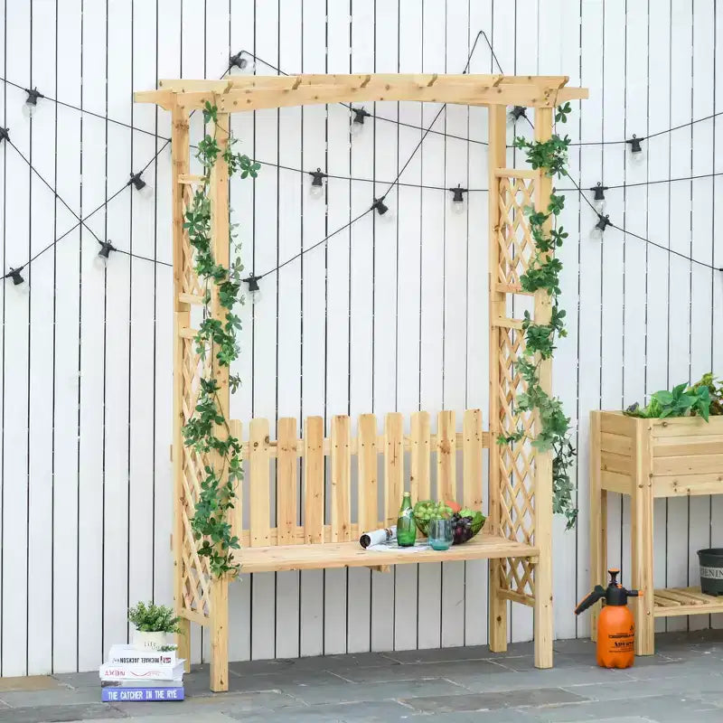 Pergola a panchina da giardino per esterni con struttura in legno di abete naturale, vernice protettiva